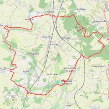 Montignac Charente par Genac 47 kms GPS track, route, trail